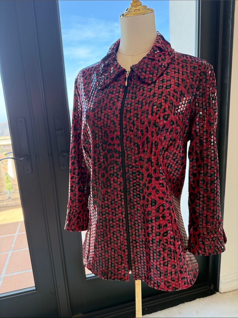 Piccadilly Red Black Foil Animal Print Full-Zip Jacket Top - Small
